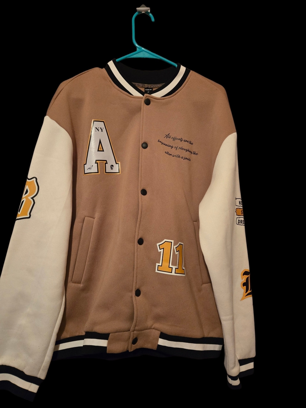 SHEIN Tan and White Varsity Bomber Jacket with Yellow Accents